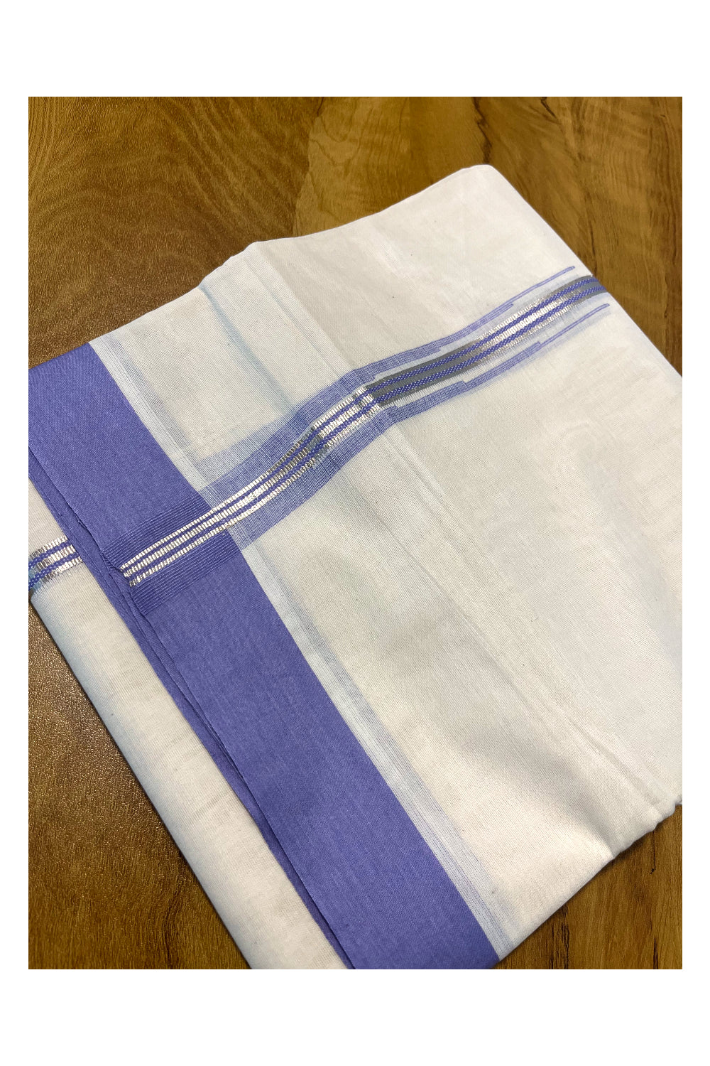 Pure Cotton Off White Double Mundu with Silver Kasavu and Lavender Chutti Border (South Indian Kerala Dhoti)