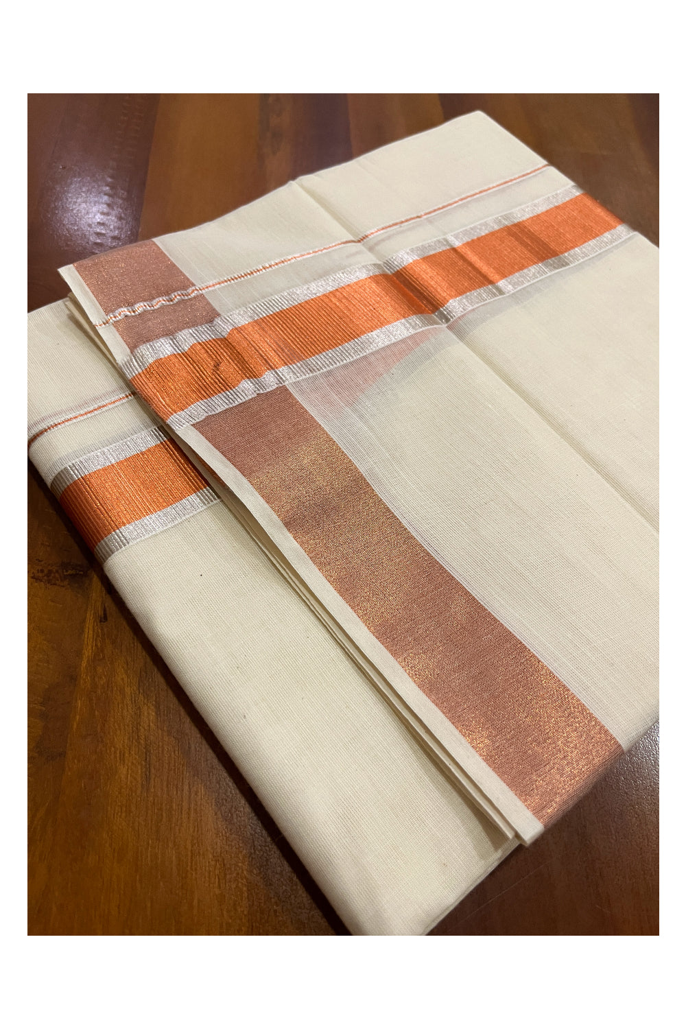 Off White Pure Cotton Double Mundu with Copper and Silver Kasavu Kara (South Indian Kerala Dhoti)