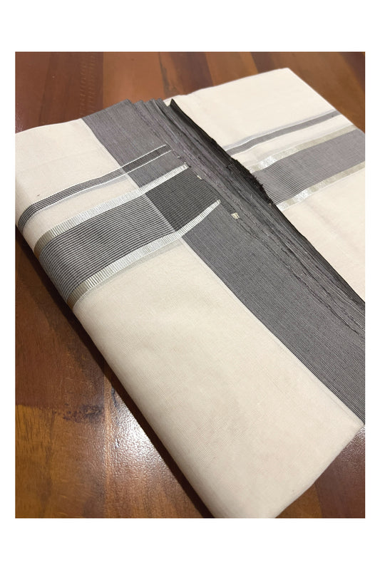 Southloom Premium Balaramapuram Unakkupaavu Handloom Mundu with Grey and Silver Kasavu Border (South Indian Dhoti)