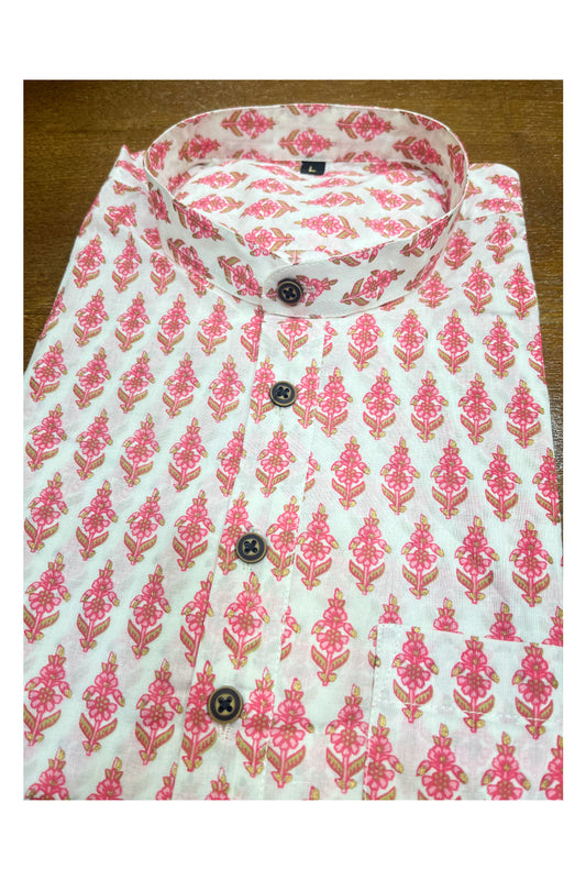 Southloom Jaipur Cotton White And Pink Super Short Kurta Hand Block Printed (Full Sleeves)