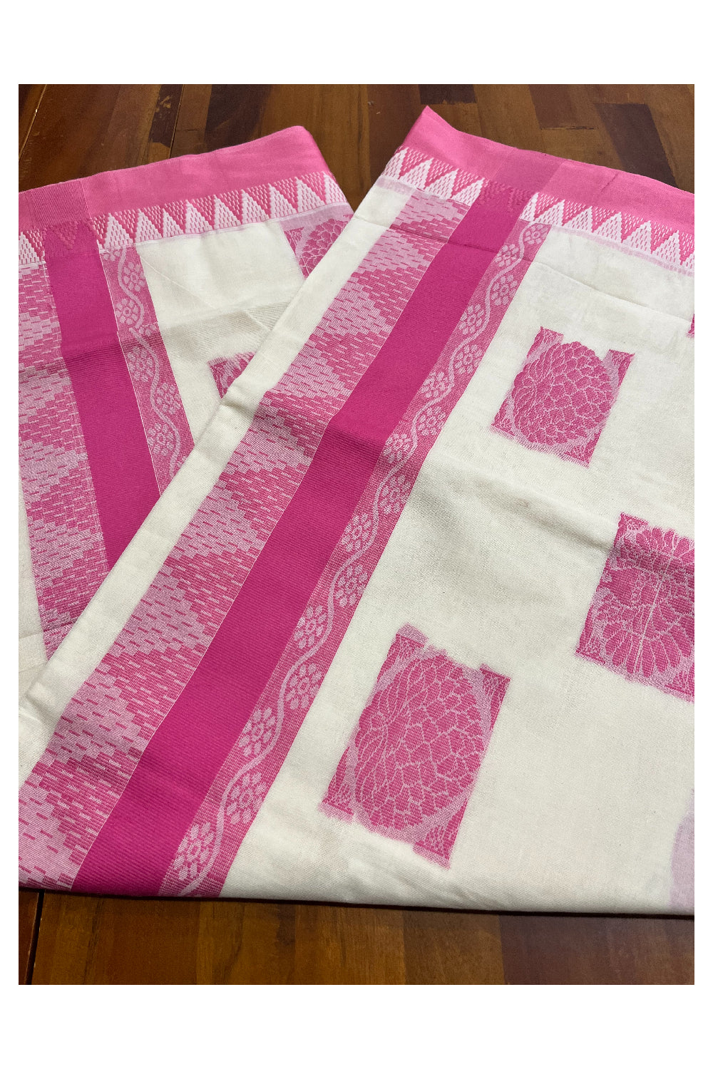 Pure Cotton Kerala Saree with Pink Heavy Woven Designs and Temple Border (Vishu 2024 Collection)