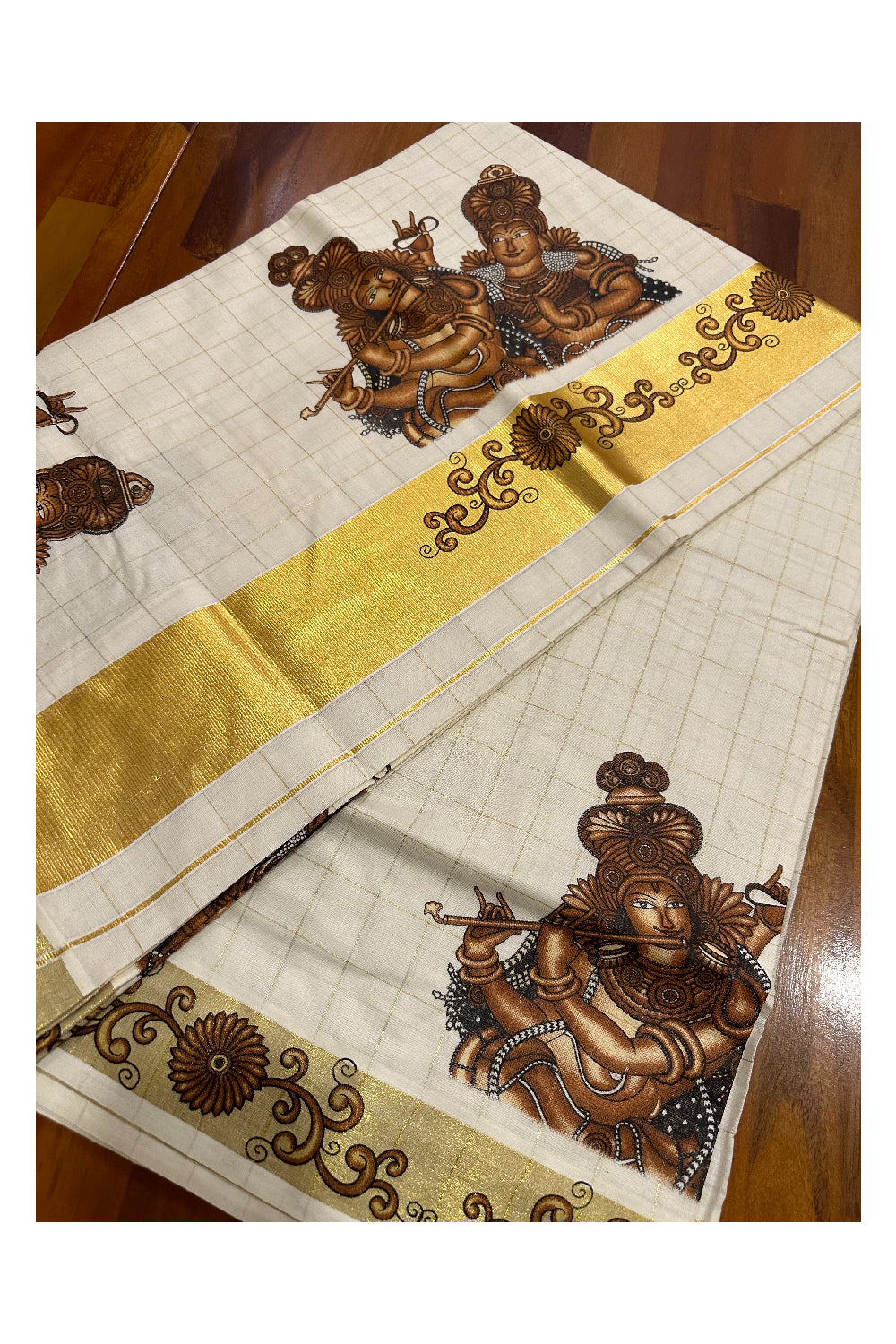 Pure Cotton Kerala Saree with Kasavu Check Design and Krishna Radha Mural Prints on Body (Onam Saree 2023)