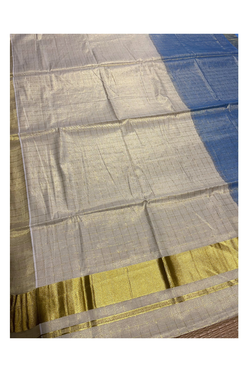 Southloom Tie & Dye - Half & Half  Multi Colour Blue Design Saree with Kasavu Checks Across Body