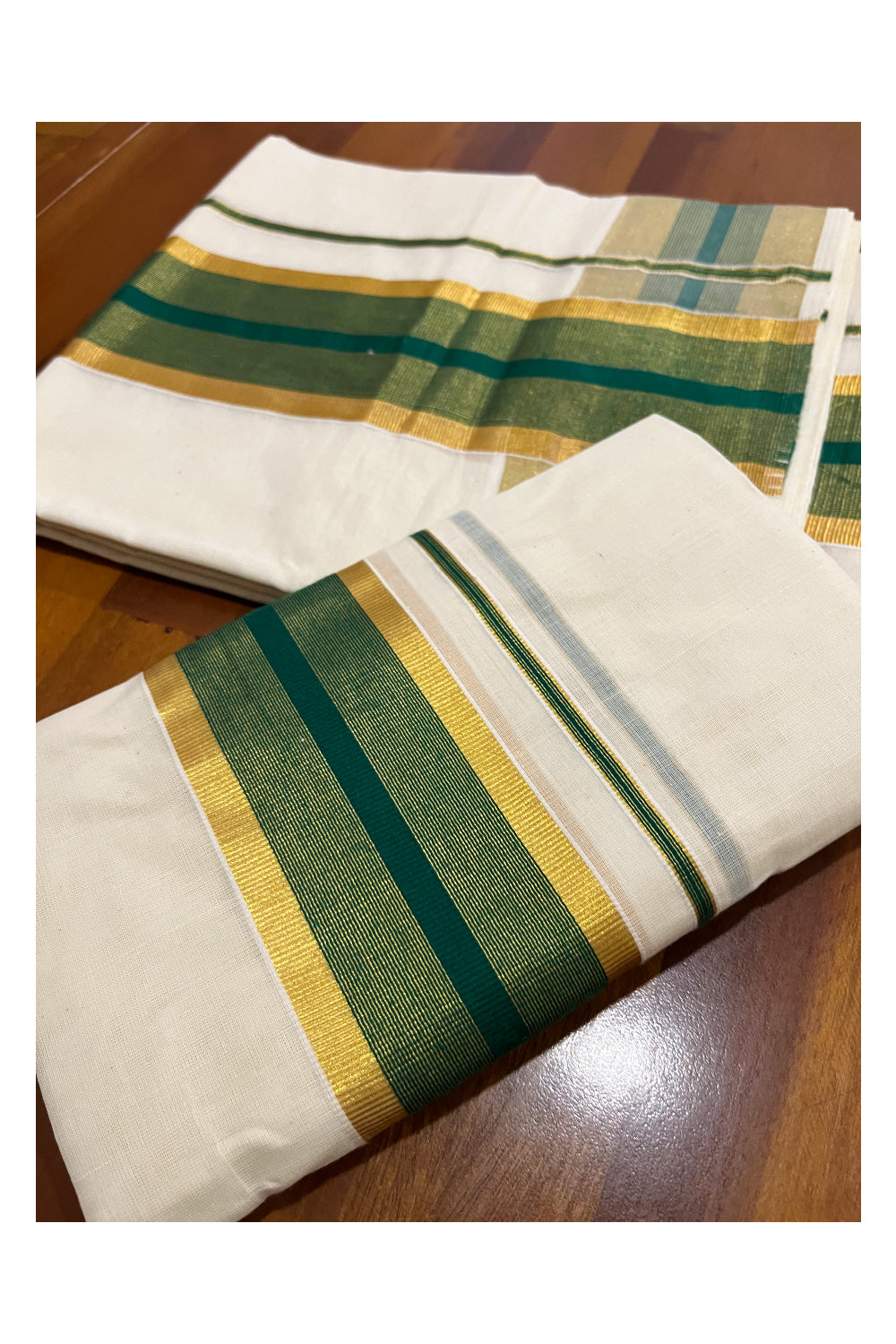 Pure Cotton Kerala Set Mundu (Mundum Neriyathum) Single with Green and Kasavu Border 2.80 Mtrs