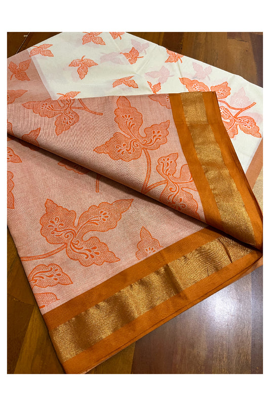 Pure Cotton Kerala Saree with Orange Heavy Woven Leaf Designs and Kasavu Border (Vishu 2024 Collection)