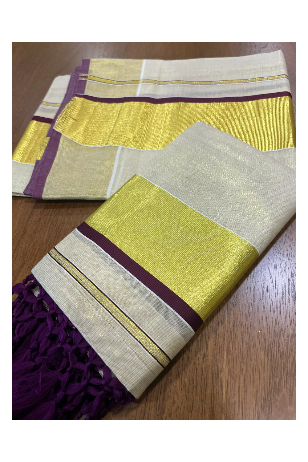 Kerala Tissue Kasavu Set Mundu (Mundum Neriyathum) with Kasavu and Purple Border and Tassels Work 2.80 Mtrs