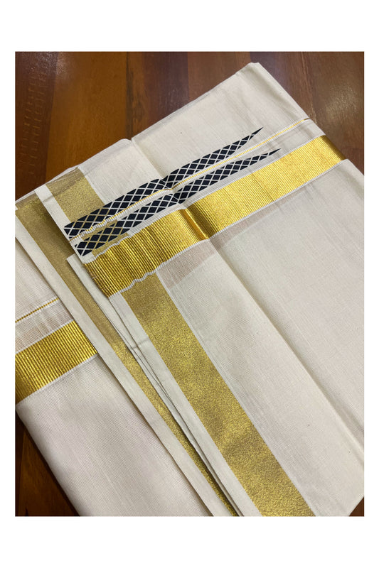 Kerala Pure Cotton Double Mundu with  Black Chutti Printed Designs on Kasavu Border (South Indian Kerala Dhoti)