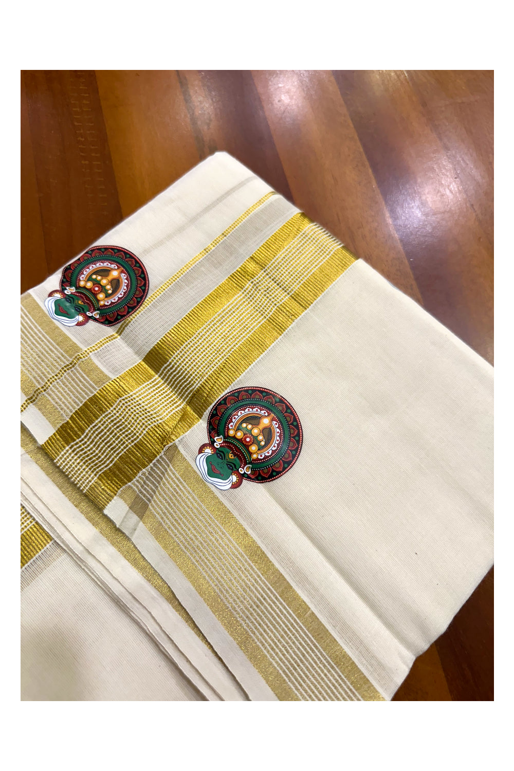 Southloom Lines Kasavu Double Mundu with Mural Print Along Kara