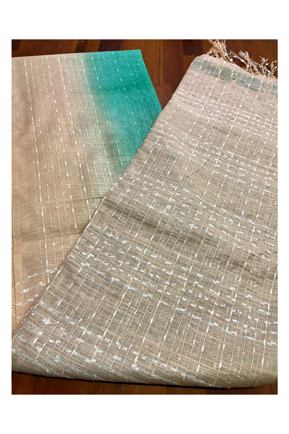 Southloom Semi Organza Check Design Green Saree with Beige Border