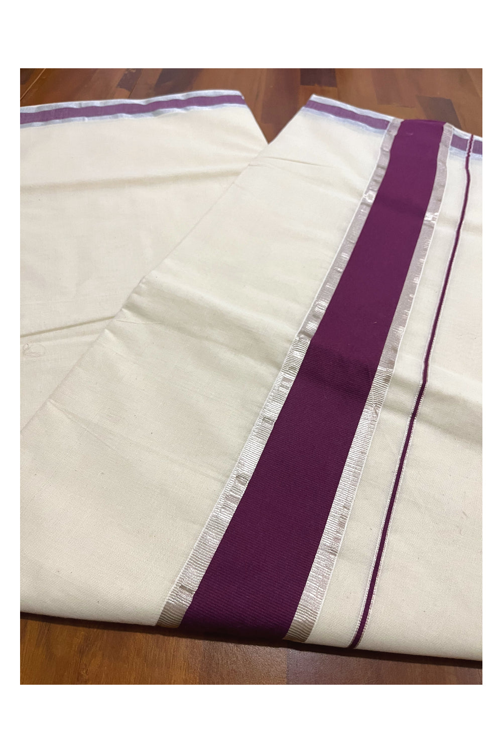 Pure Cotton Kerala Saree with Purple and Silver Kasavu Border