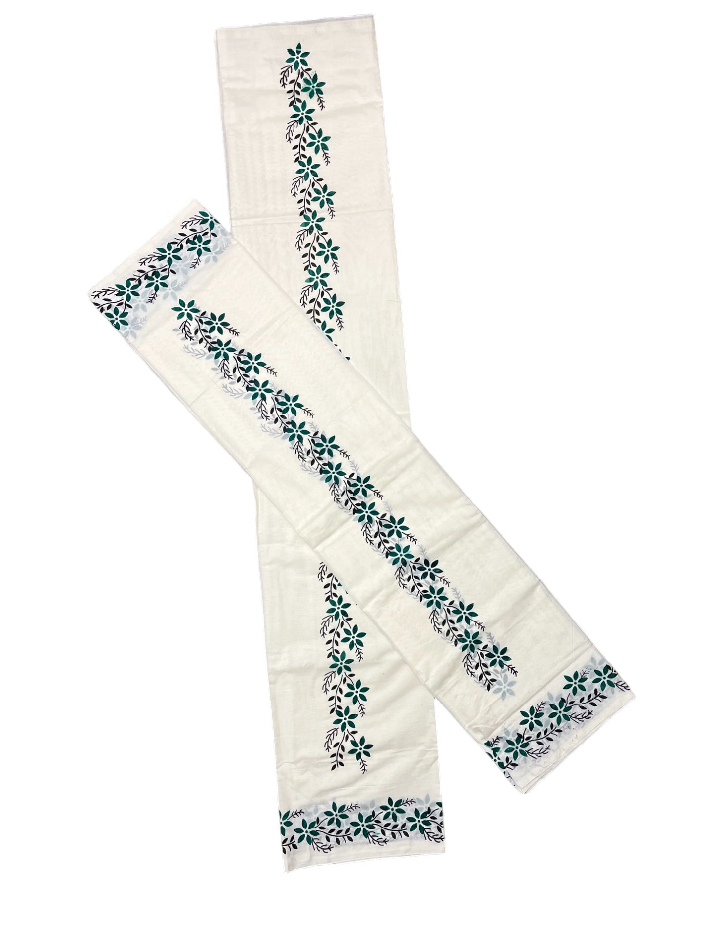 Pure Cotton Kerala Set Mundu (Mundum Neriyathum) with Green Floral Block Printed Border