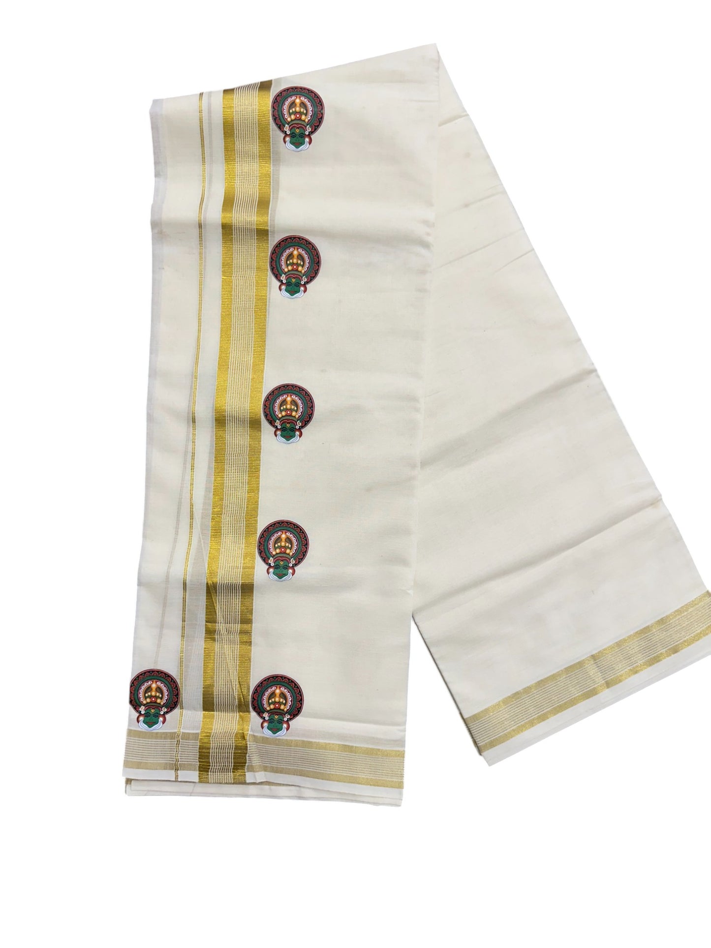 Southloom Lines Kasavu Double Mundu with Mural Print Along Kara