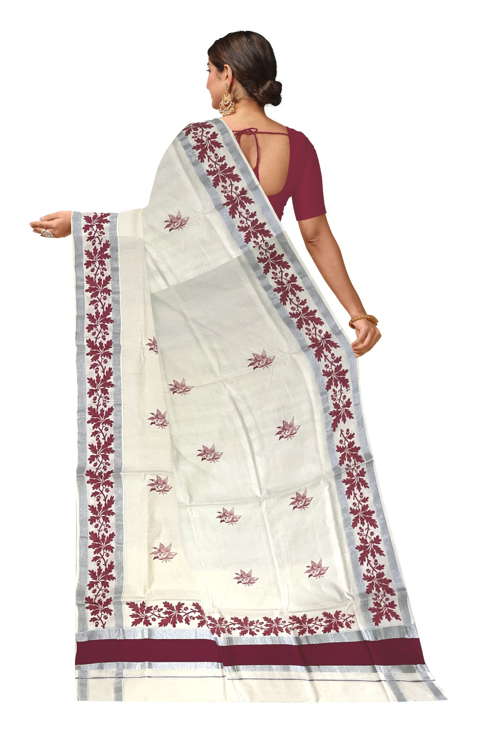 Pure Cotton Off White Kerala Saree with Maroon Floral Block Printed Silver Border (Onam Saree 2023)