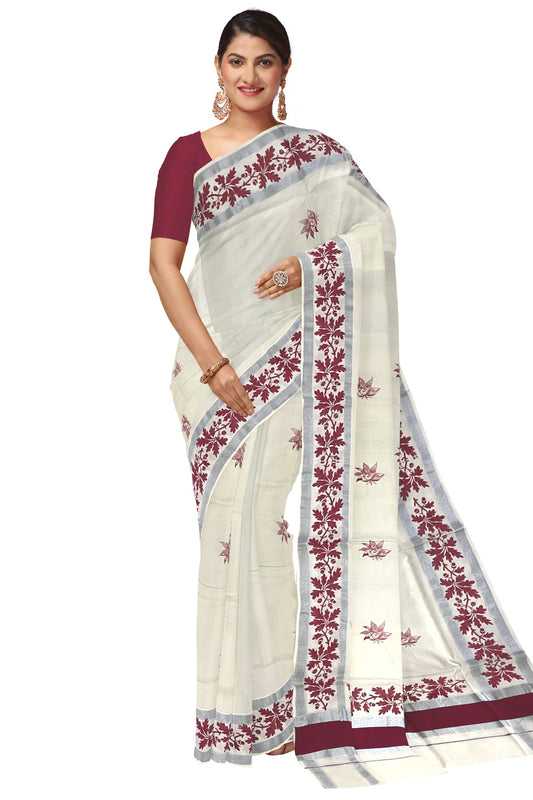 Pure Cotton Off White Kerala Saree with Maroon Floral Block Printed Silver Border (Onam Saree 2023)