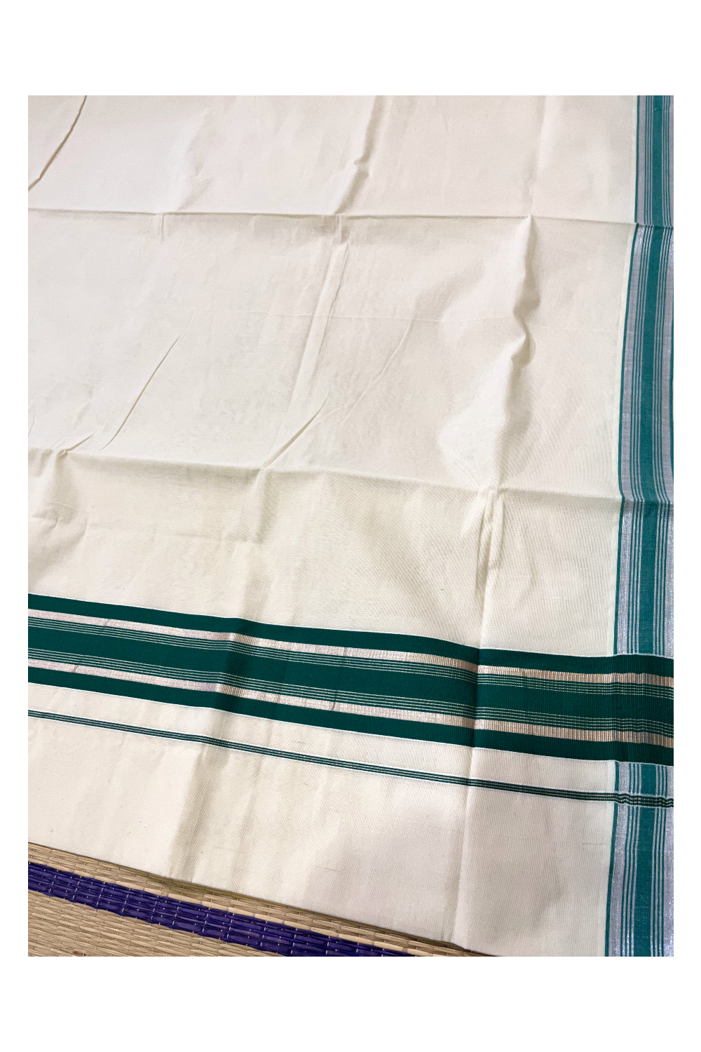 Pure Cotton Kerala Saree with Green and Silver Kasavu Border (Onam Saree 2023)