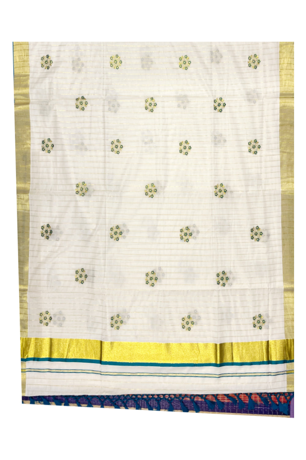 Kerala Cotton Kasavu Lines Saree with Peacock Green and Golden Floral Embroidery Work