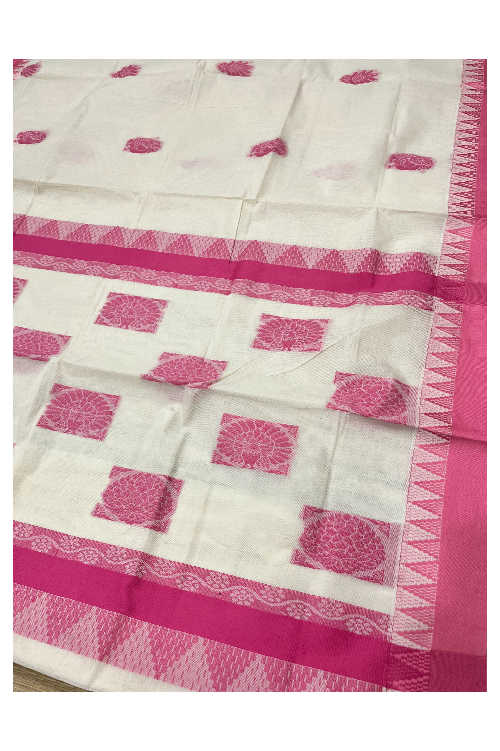 Pure Cotton Kerala Saree with Pink Heavy Woven Designs and Temple Border (Vishu 2024 Collection)