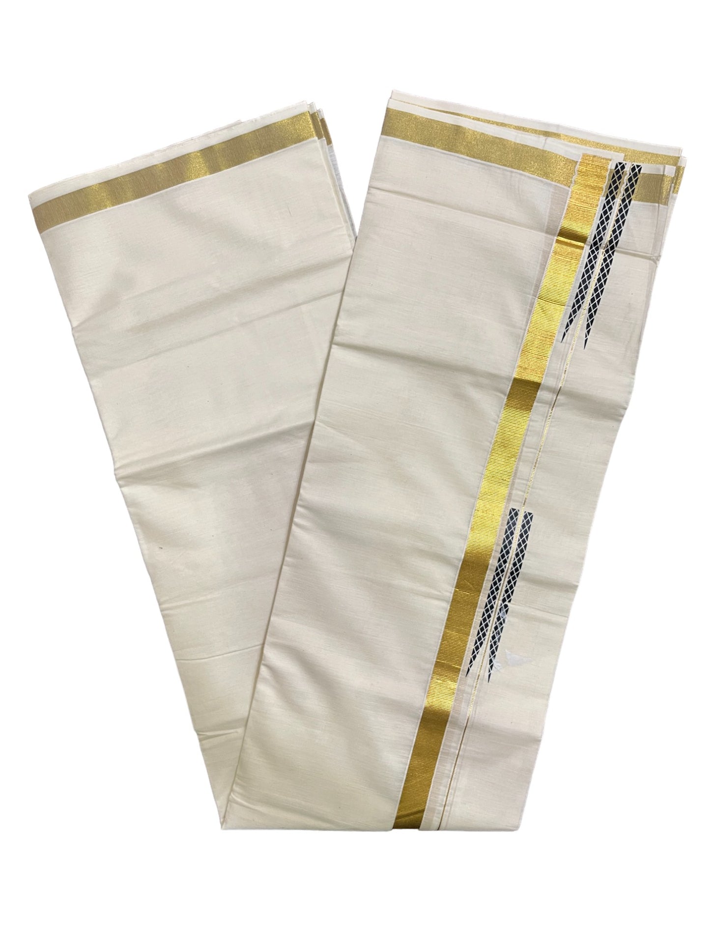 Kerala Pure Cotton Double Mundu with  Black Chutti Printed Designs on Kasavu Border (South Indian Kerala Dhoti)