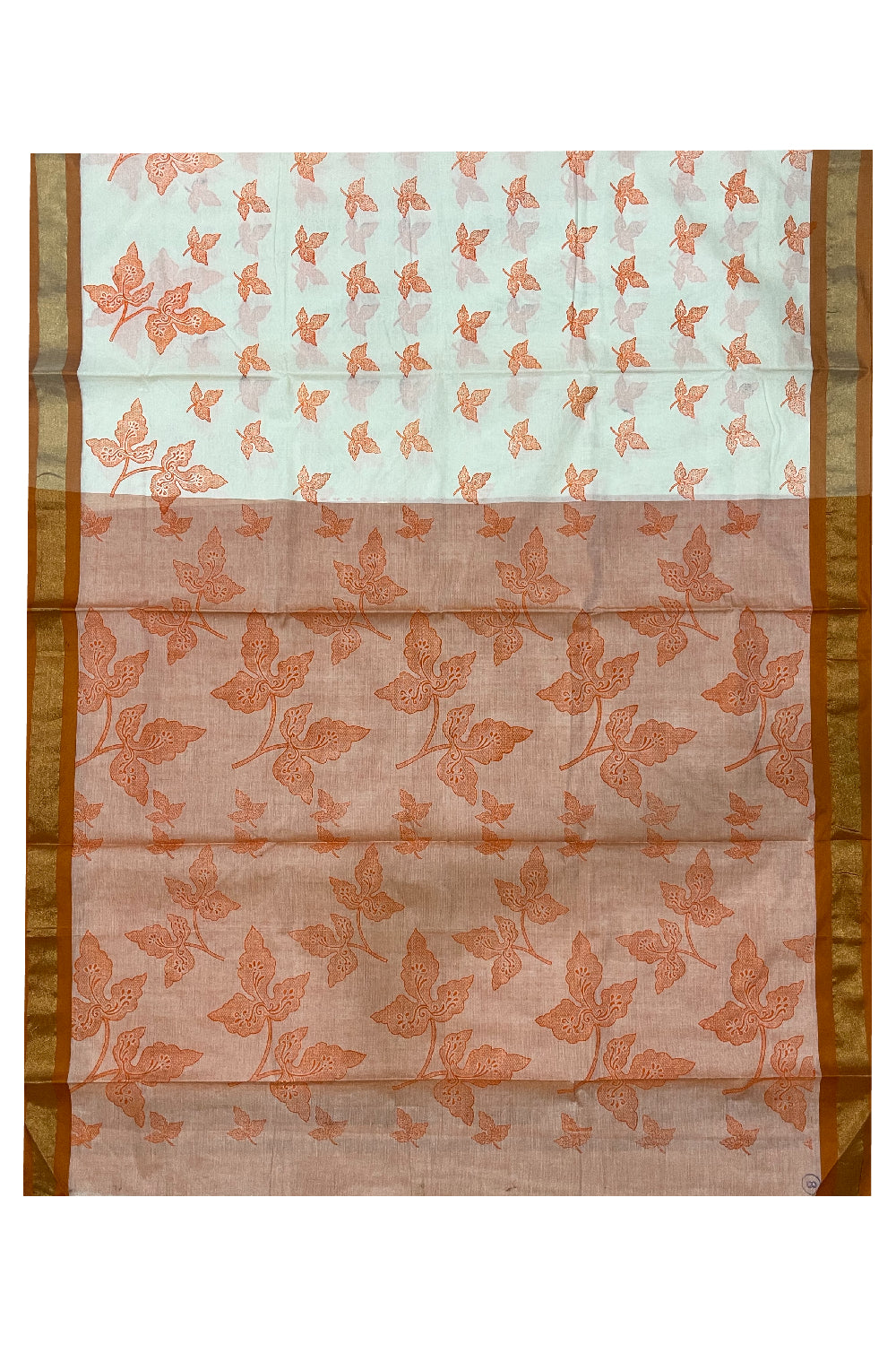 Pure Cotton Kerala Saree with Orange Block Print Leaf Designs and Kasavu Border (Vishu 2024 Collection)