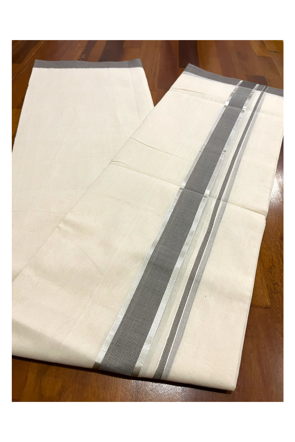 Southloom Premium Balaramapuram Unakkupaavu Handloom Mundu with Grey and Silver Kasavu Border (South Indian Dhoti)