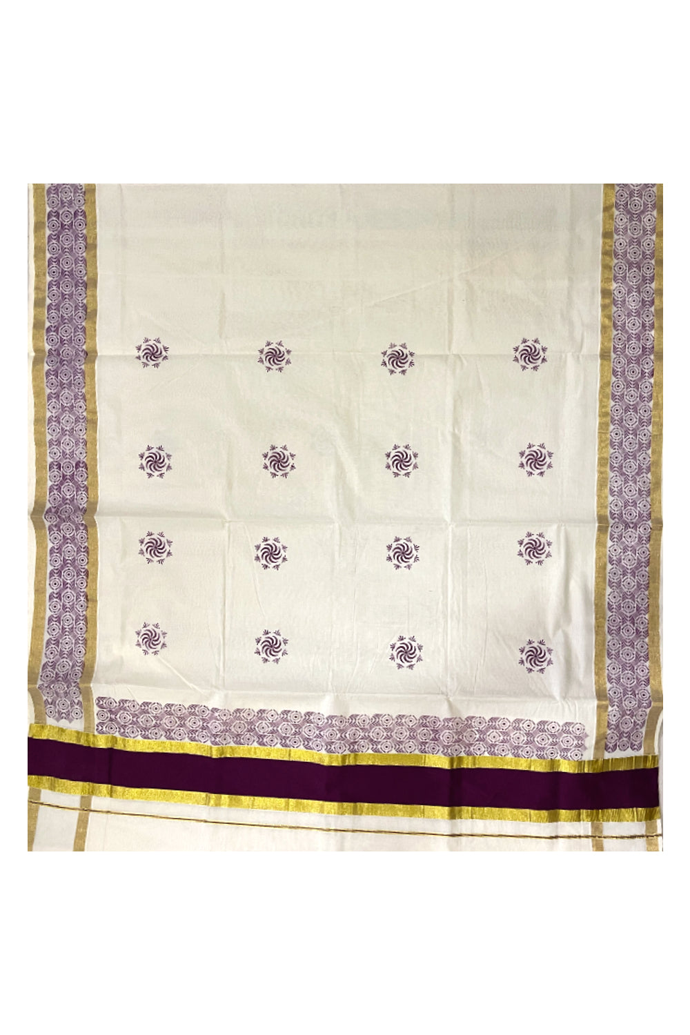 Pure Cotton Kerala Saree with Purple Block Printed Kasavu Border (Onam Saree 2023)