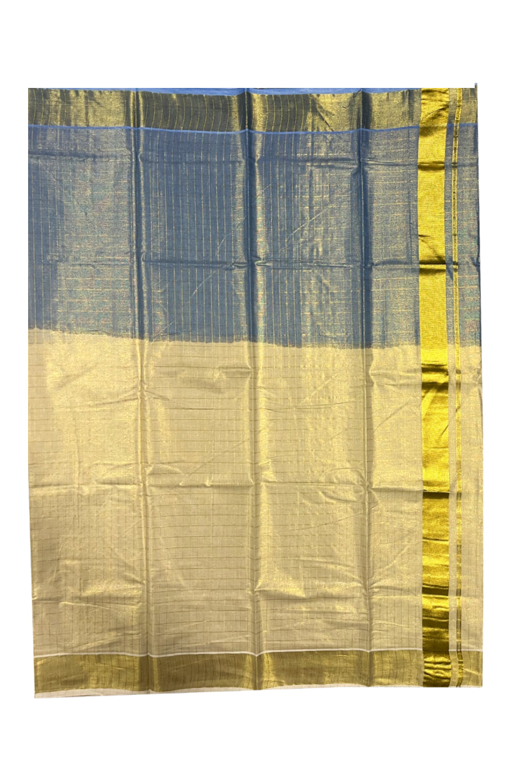 Southloom Tie & Dye - Half & Half  Multi Colour Blue Design Saree with Kasavu Checks Across Body