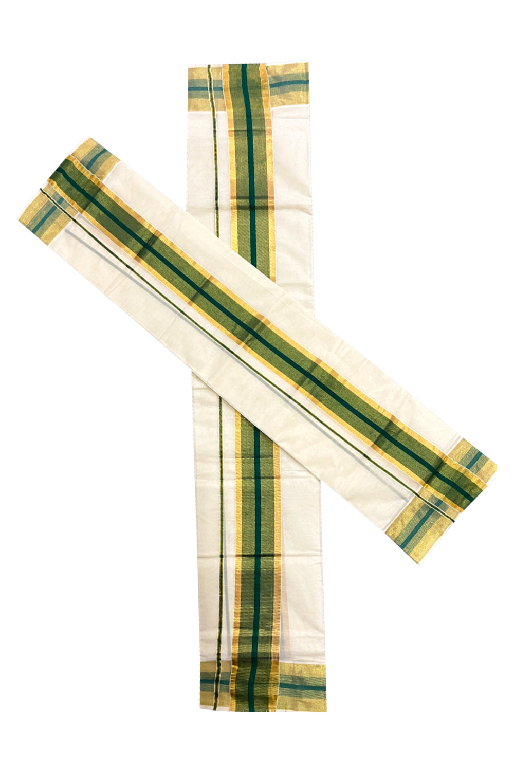 Pure Cotton Kerala Set Mundu (Mundum Neriyathum) Single with Green and Kasavu Border 2.80 Mtrs