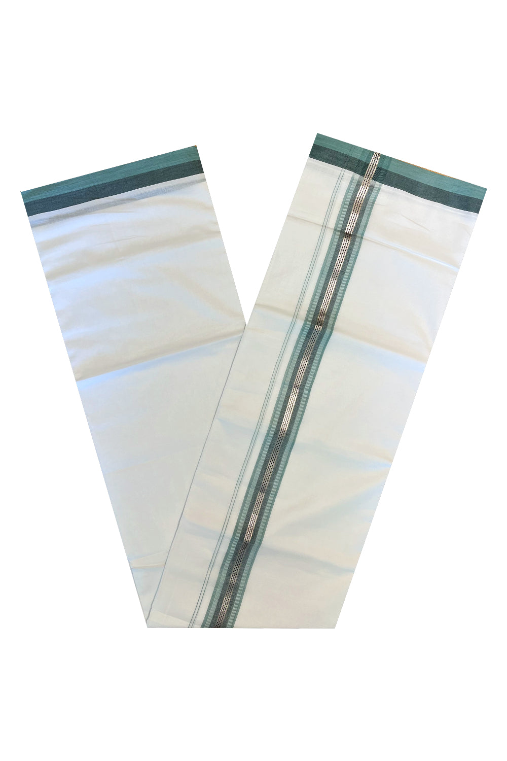 Pure White Cotton Double Mundu with Silver Green Border (South Indian Dhoti)