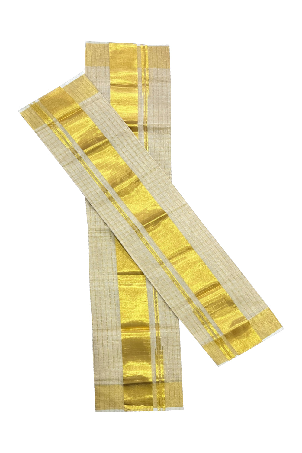 Southloom Premium Handloom Tissue Kasavu Set Mundu (Mundum Neriyathum) with Check Designs Across Body 2.80 Mtrs