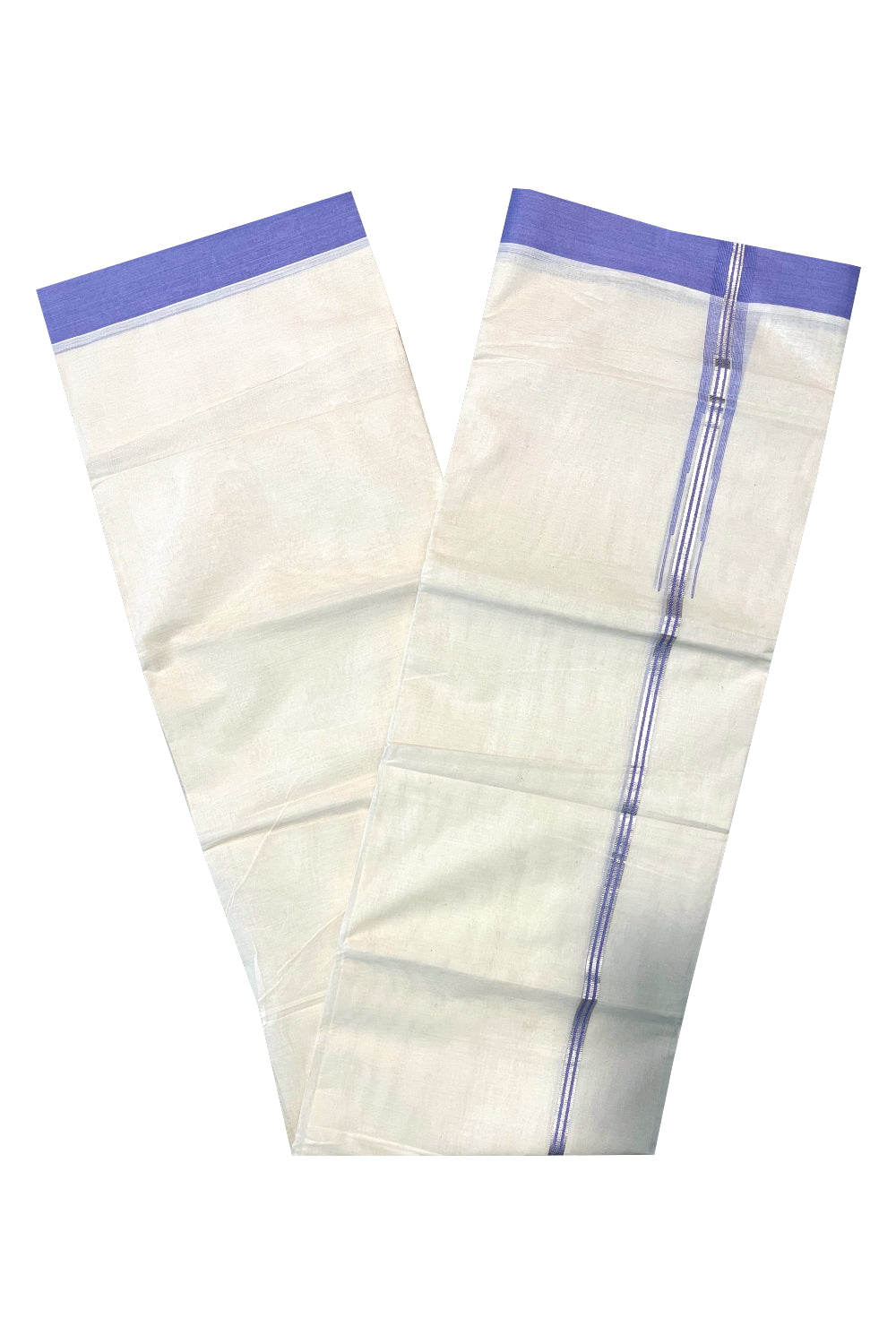 Pure Cotton Off White Double Mundu with Silver Kasavu and Lavender Chutti Border (South Indian Kerala Dhoti)