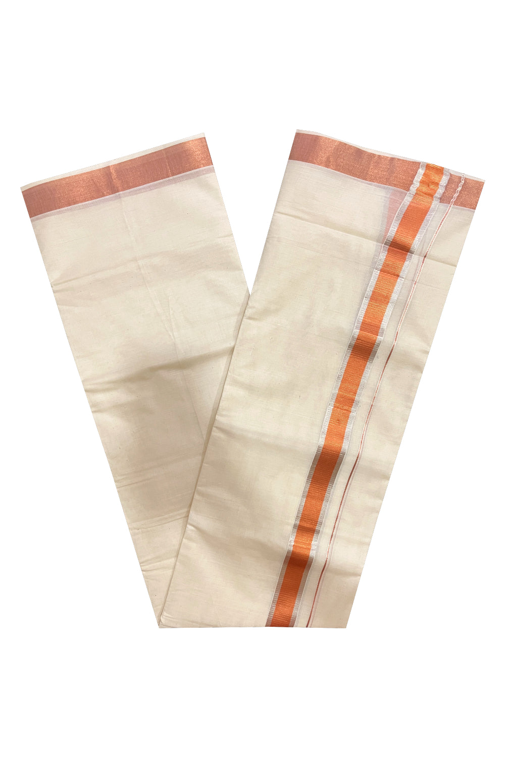 Off White Pure Cotton Double Mundu with Copper and Silver Kasavu Kara (South Indian Kerala Dhoti)