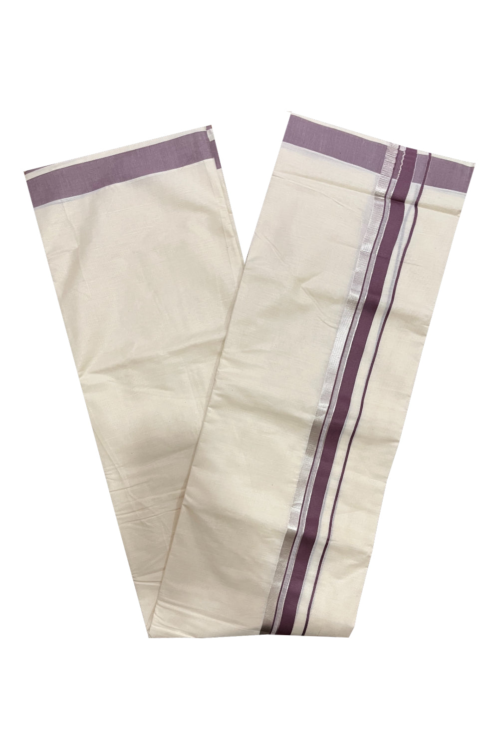 Pure Cotton Kerala Double Mundu with Light Purple and Silver Kasavu Kara (South Indian Kerala Dhoti)