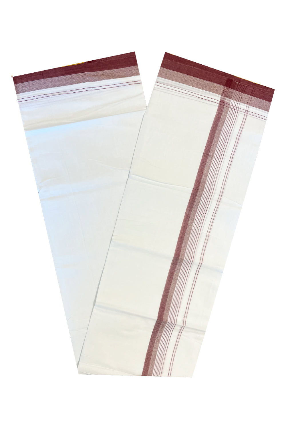 Pure White Cotton Double Mundu with Maroon Lines Border (South Indian Dhoti)