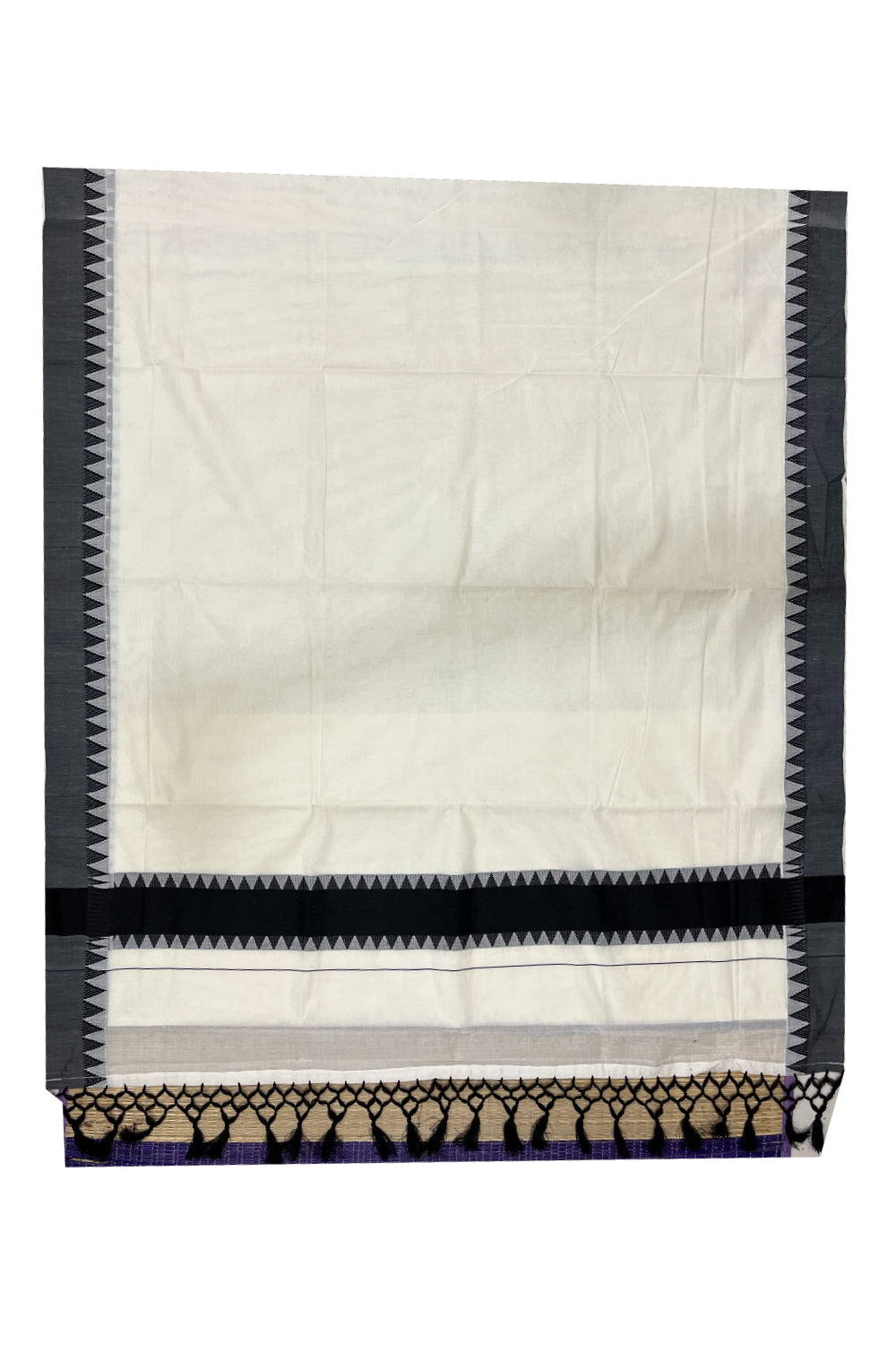 Pure Cotton Kerala Saree with Black Woven Temple Border and Tassels work (Vishu 2024 Collection)