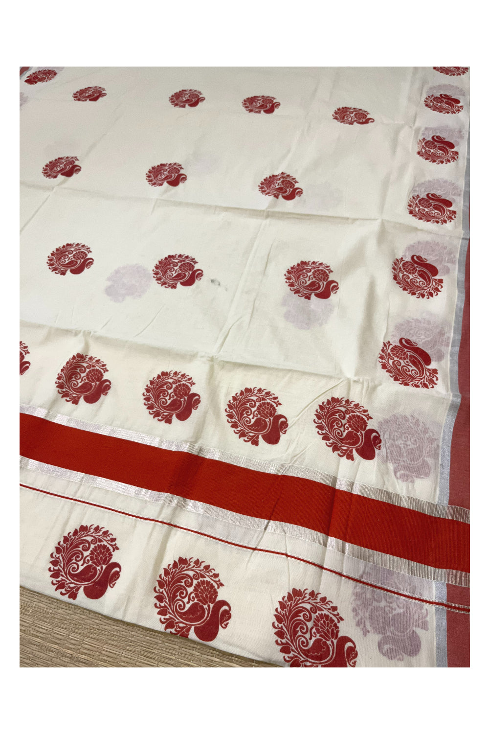 Pure Cotton Off White Kerala Saree with Dark Orange Block Printed Silver Kasavu Border (Onam Saree 2023)