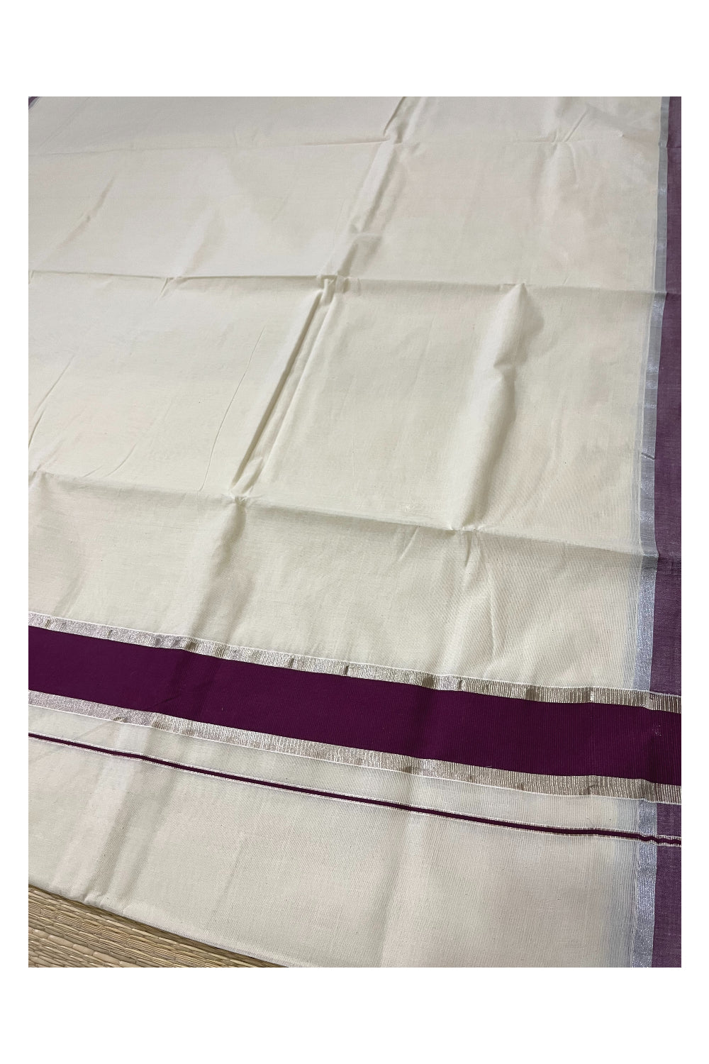 Pure Cotton Kerala Saree with Purple and Silver Kasavu Border