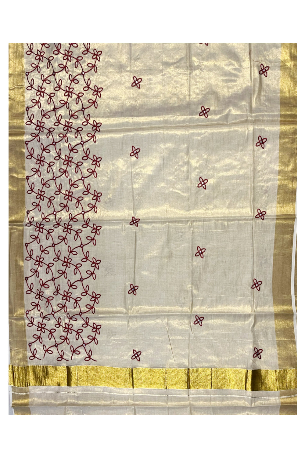 Kerala Tissue Kasavu Saree With Maroon Floral Embroidery Works