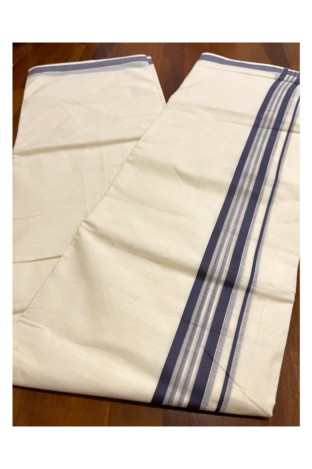 Kerala Cotton Double Mundu with Dark Grey Line Border (Onam Mundu 2023)