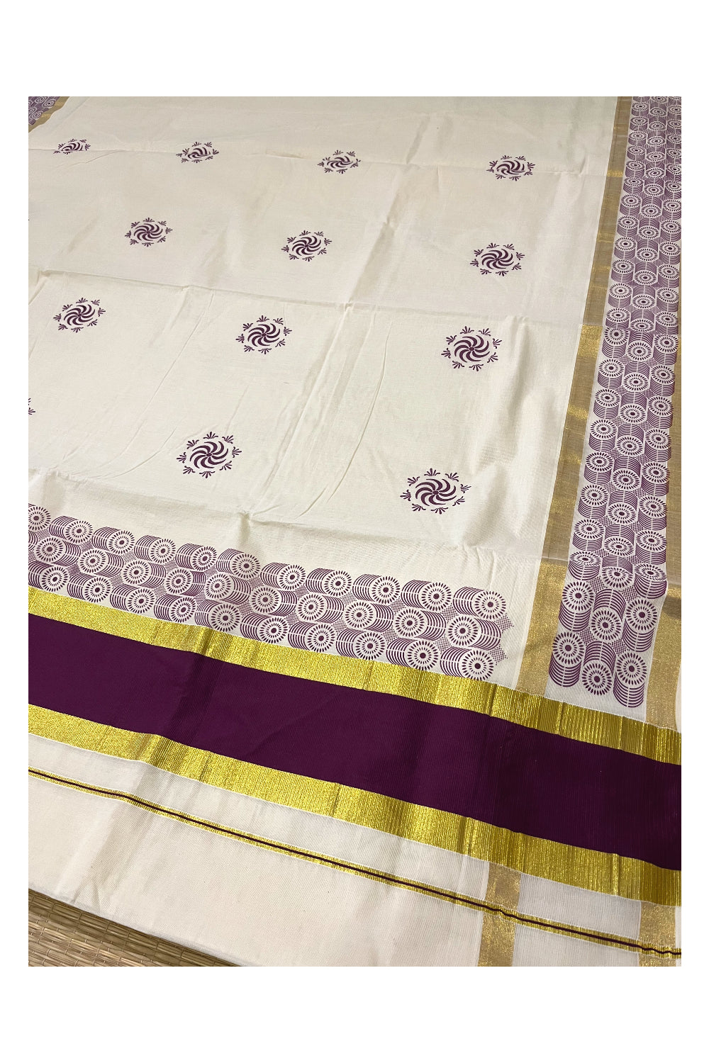 Pure Cotton Kerala Saree with Purple Block Printed Kasavu Border (Onam Saree 2023)