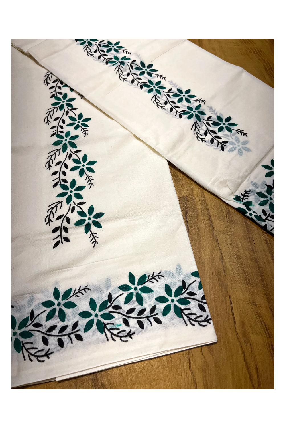 Pure Cotton Kerala Set Mundu (Mundum Neriyathum) with Green Floral Block Printed Border