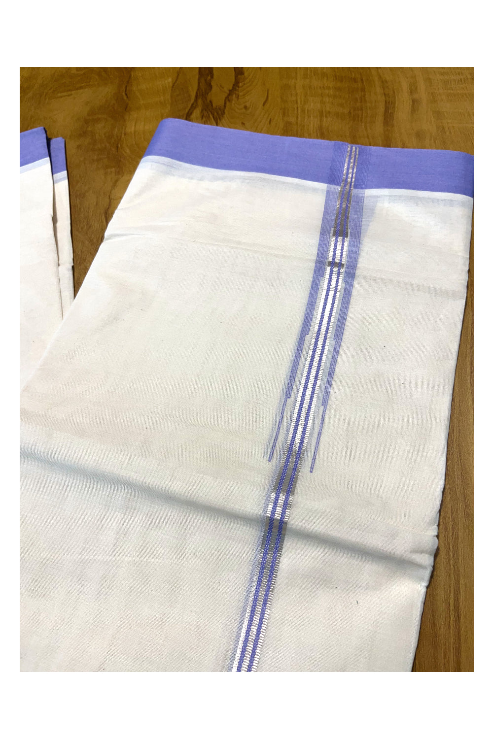 Pure Cotton Off White Double Mundu with Silver Kasavu and Lavender Chutti Border (South Indian Kerala Dhoti)