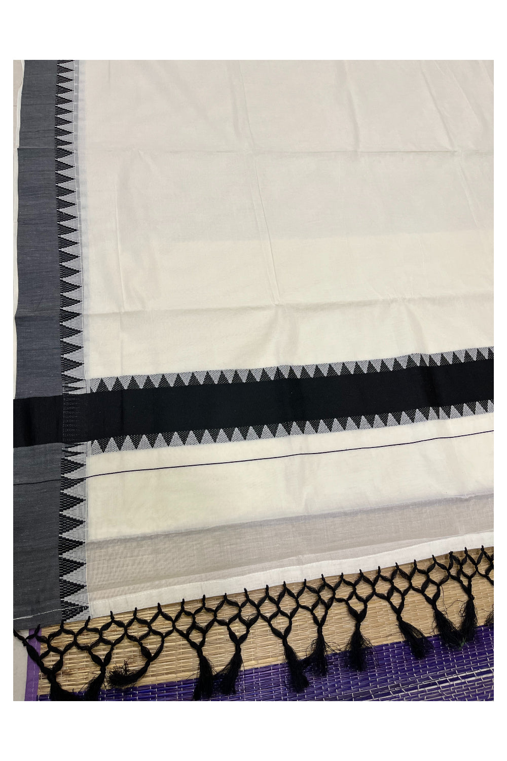 Pure Cotton Kerala Saree with Black Woven Temple Border and Tassels work (Vishu 2024 Collection)