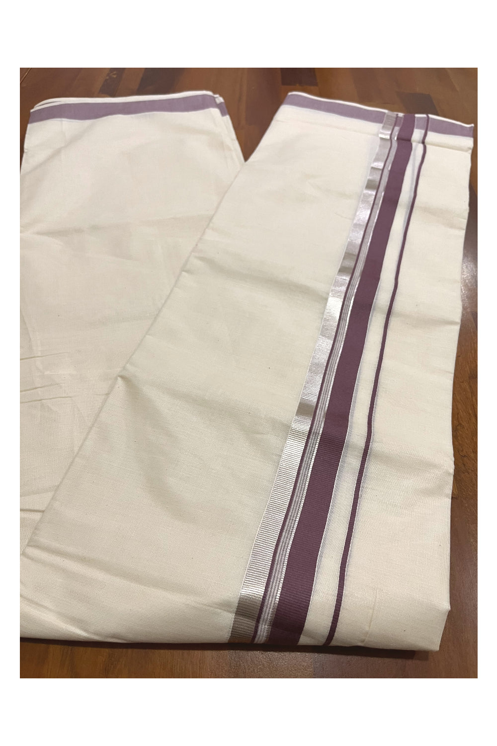 Pure Cotton Kerala Double Mundu with Light Purple and Silver Kasavu Kara (South Indian Kerala Dhoti)