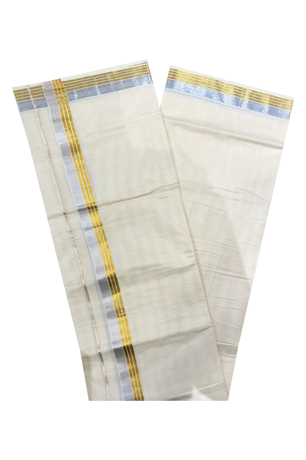 Kerala Pure Cotton Double Mundu with Silver and Golden Kasavu Border (South Indian Kerala Dhoti)