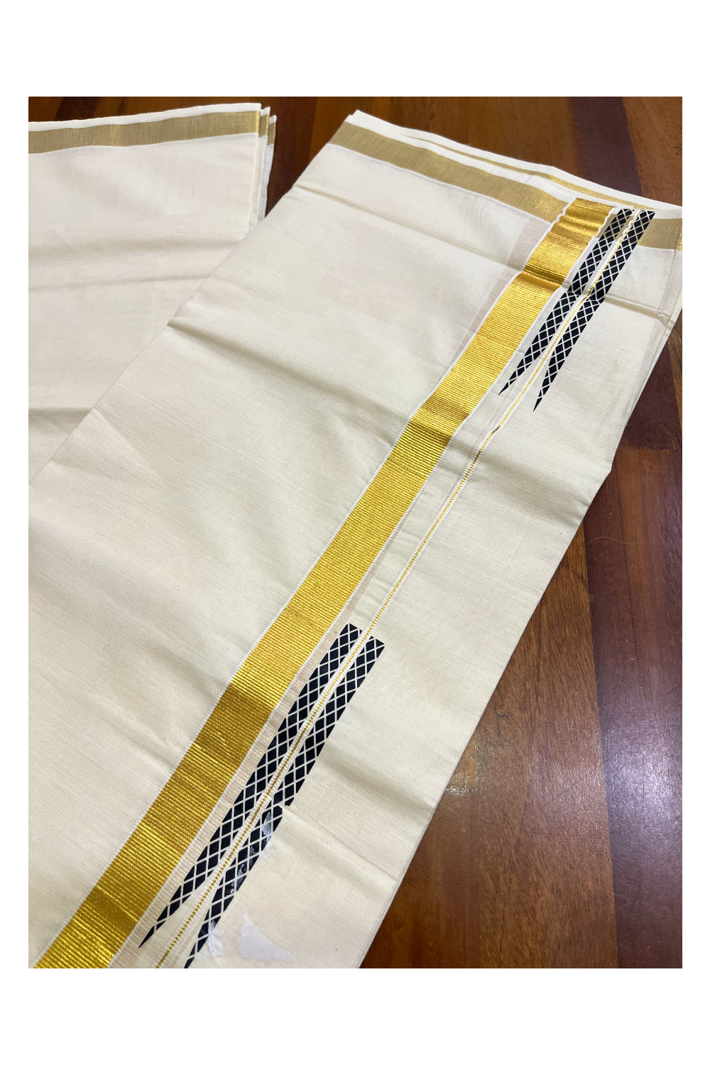 Kerala Pure Cotton Double Mundu with  Black Chutti Printed Designs on Kasavu Border (South Indian Kerala Dhoti)