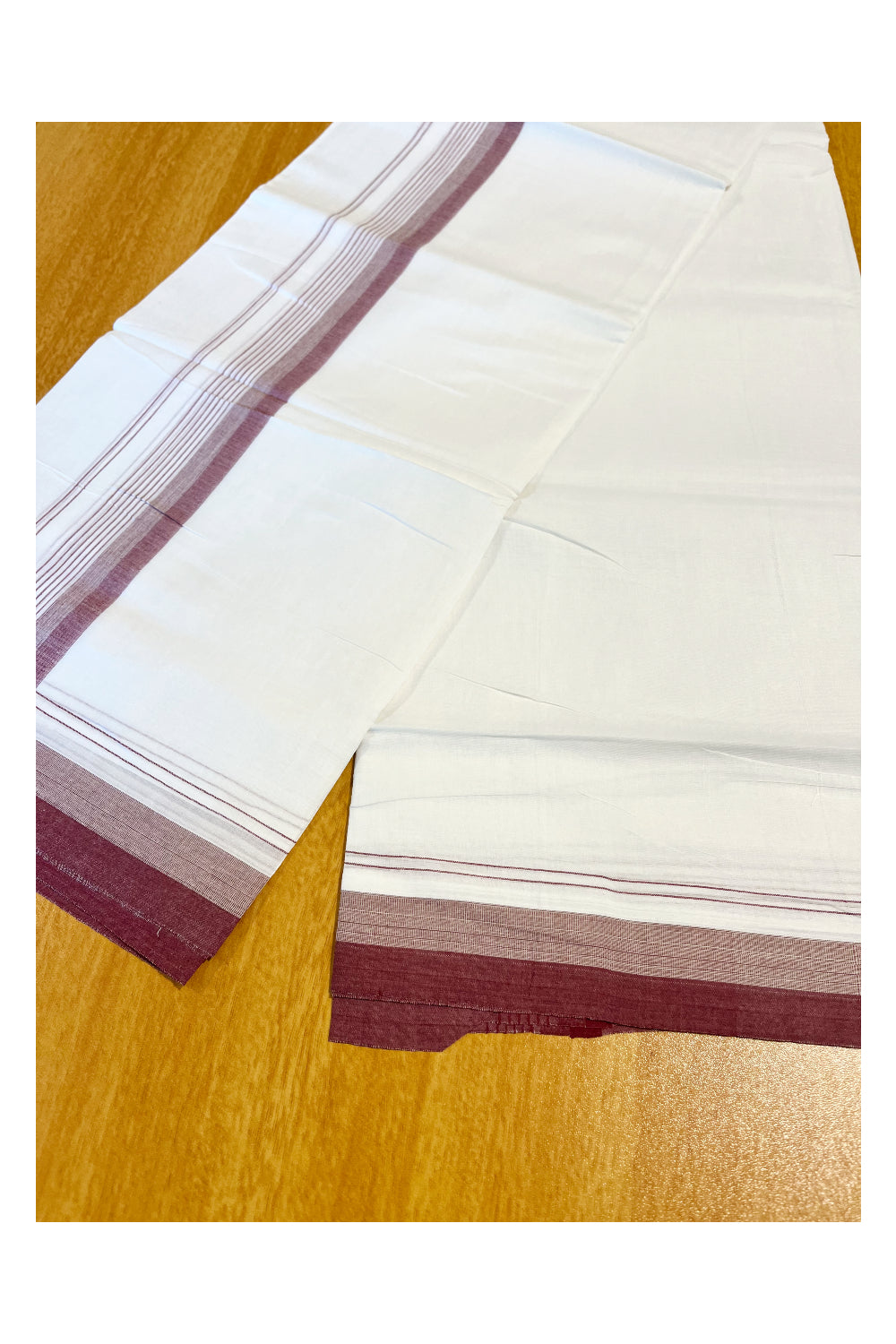 Pure White Cotton Double Mundu with Maroon Lines Border (South Indian Dhoti)