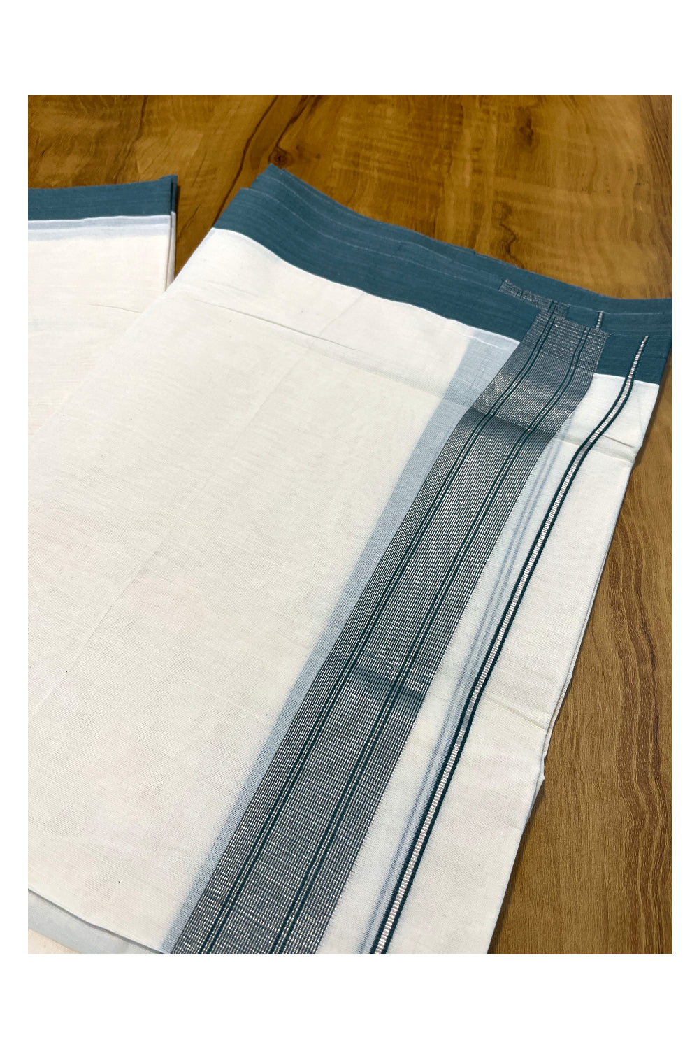 Pure Cotton Off White Double Mundu with Silver Kasavu and Green  Kara (South Indian Kerala Dhoti)