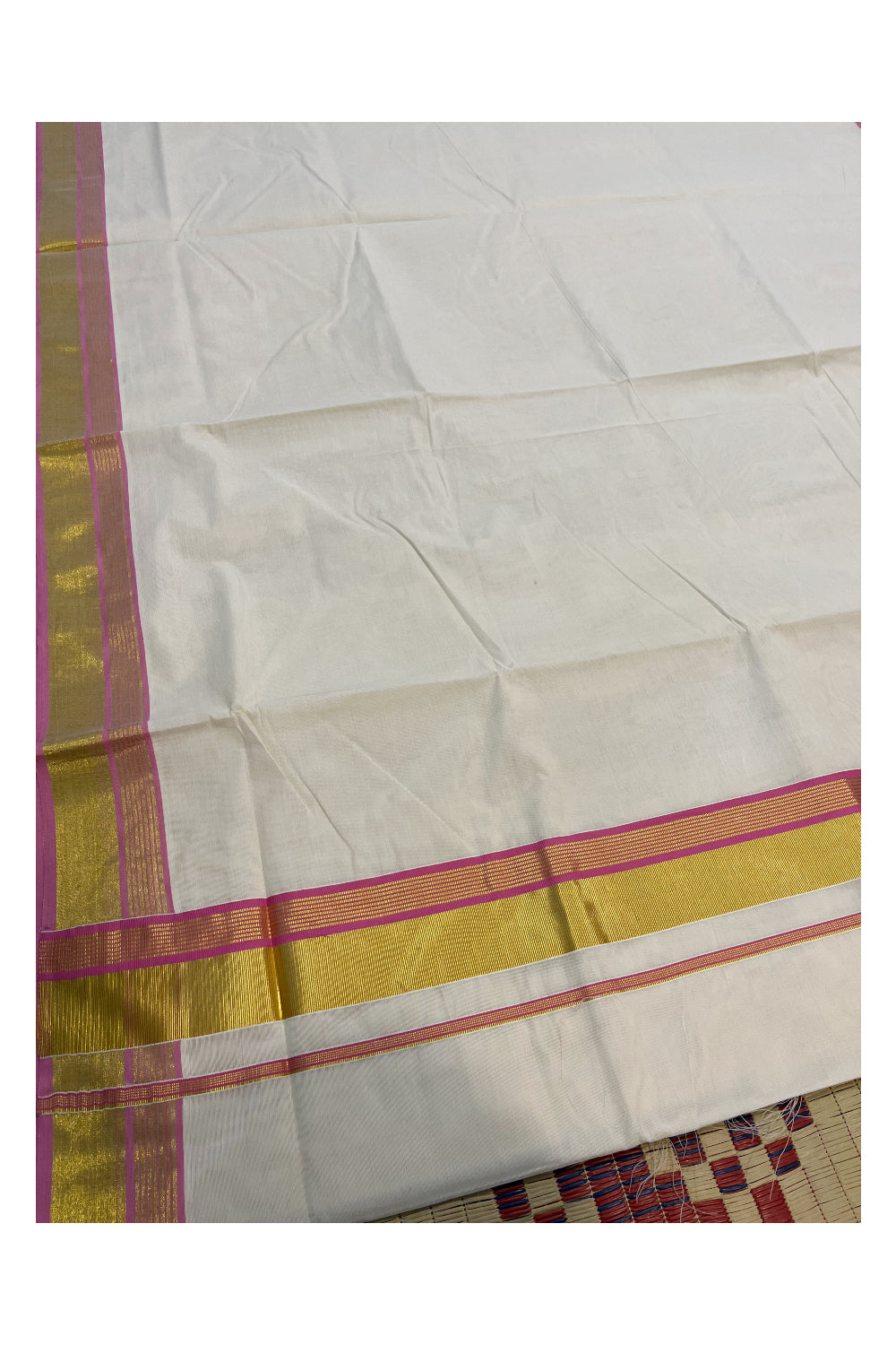Pure Cotton Kerala Saree with Kasavu and Pink Border