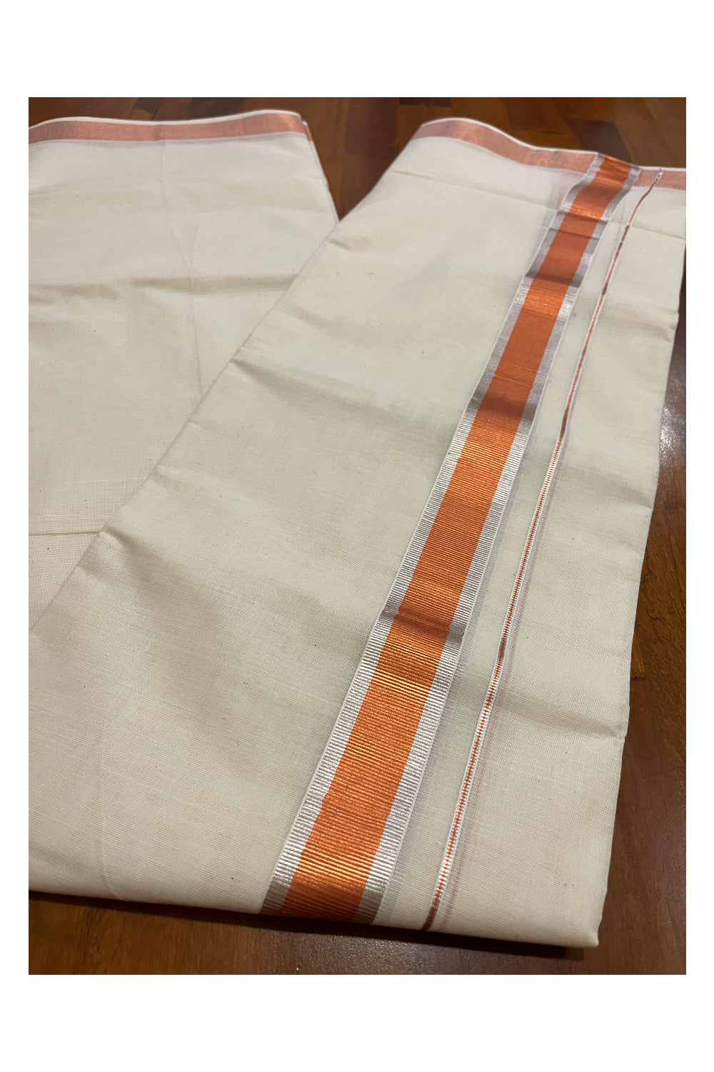 Off White Pure Cotton Double Mundu with Copper and Silver Kasavu Kara (South Indian Kerala Dhoti)