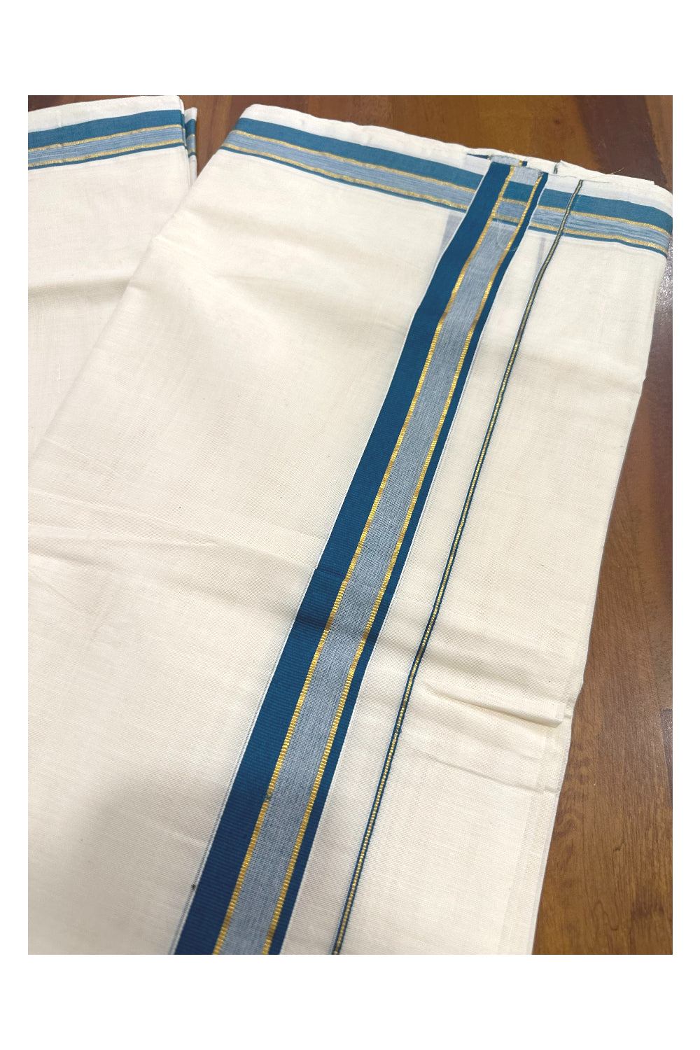 Southloom Premium Handloom Mundu with Teal Green and Kasavu Kara (Onam Mundu 2023)